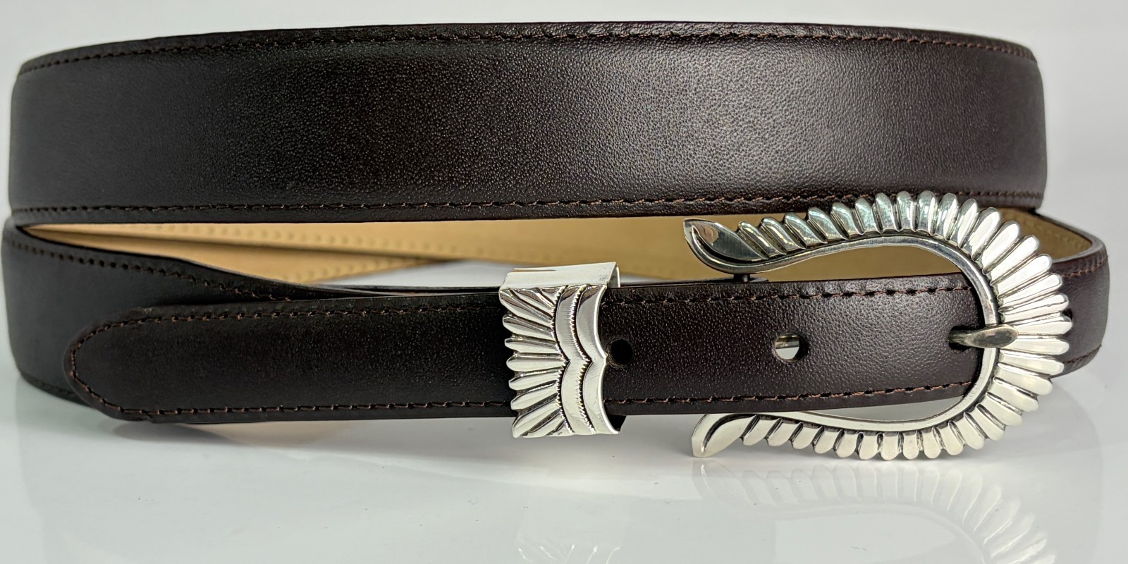 Jim Yazzie Sterling Silver .925 Headdress Ranger Belt Buckle 40 Genuine Leather