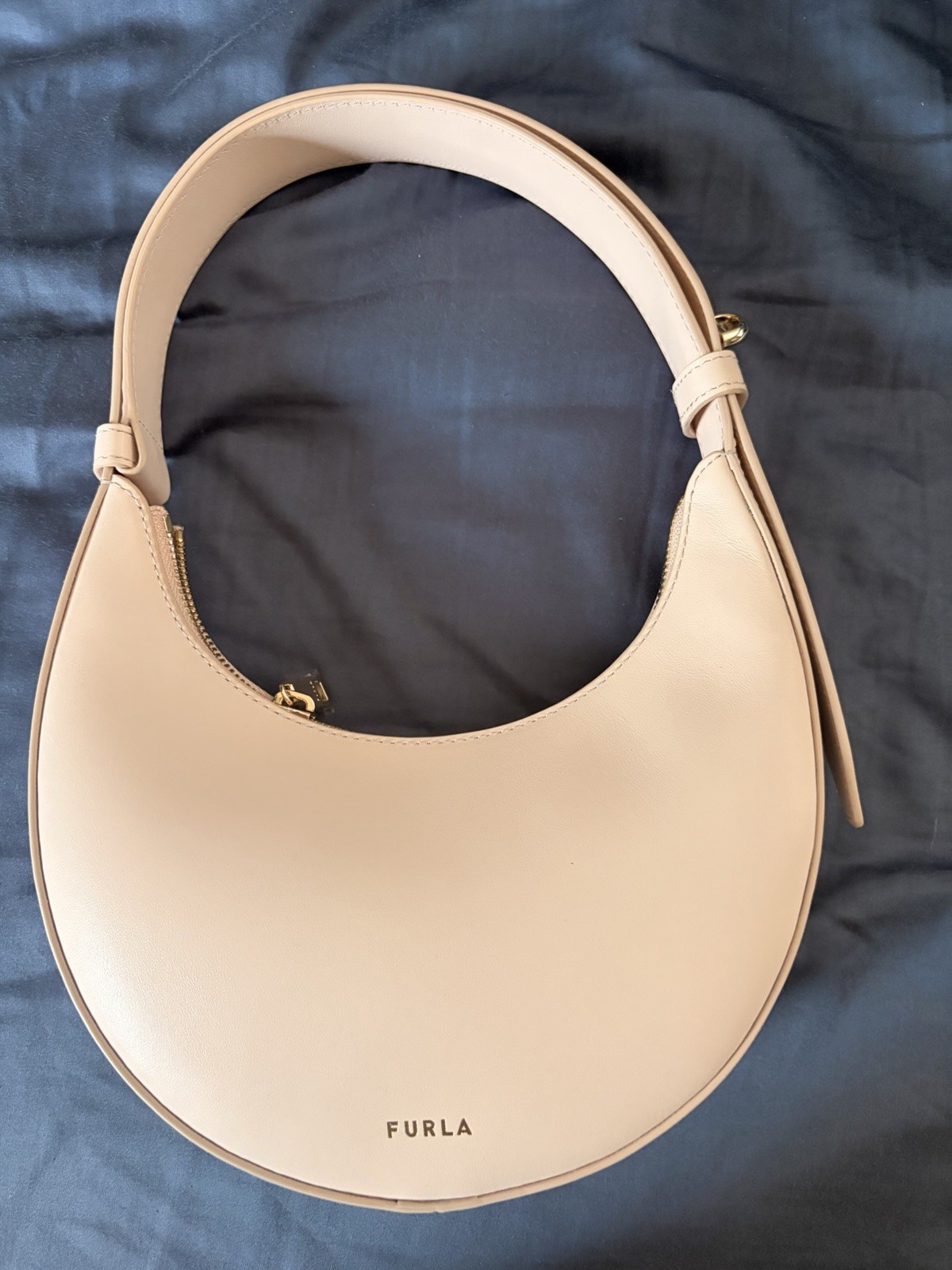 Furla Beige Crescent Shoulder Bag Zip Closure Logo Accent Gold Hardware Dust Bag
