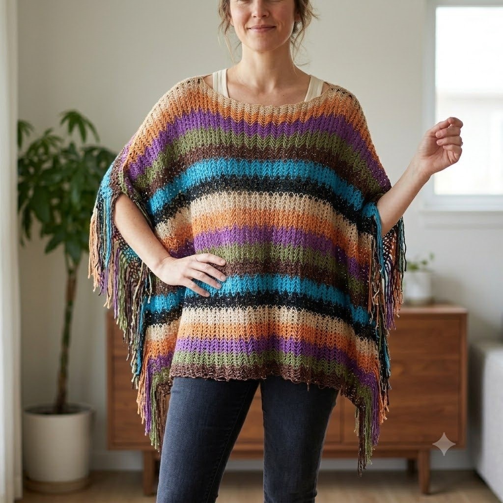 Poncho Women OS Multi Color Chevron Fringe Metallic Knit Boho Wrap