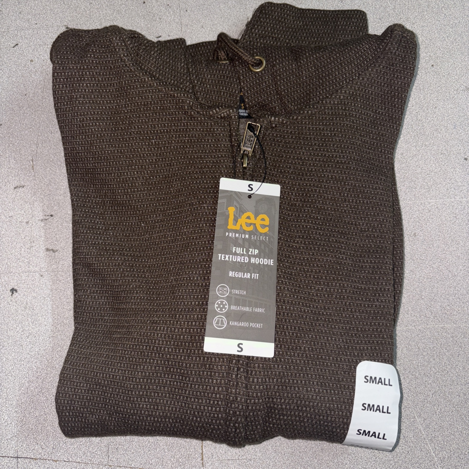 Lee Men’s Full Zip Textured Hoodie Size Small Regular Fit Brown Bark