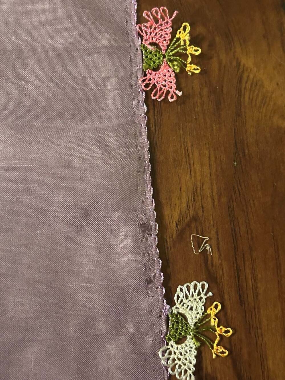 Eripek Purple Floral Print Silk Scarf with Oya Lace Edging