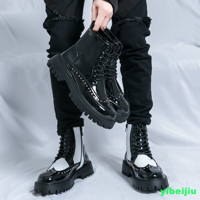 New Men’s High Top Platform Studded Ankle Boots Wing Tip Brogue Colorblock Shoes