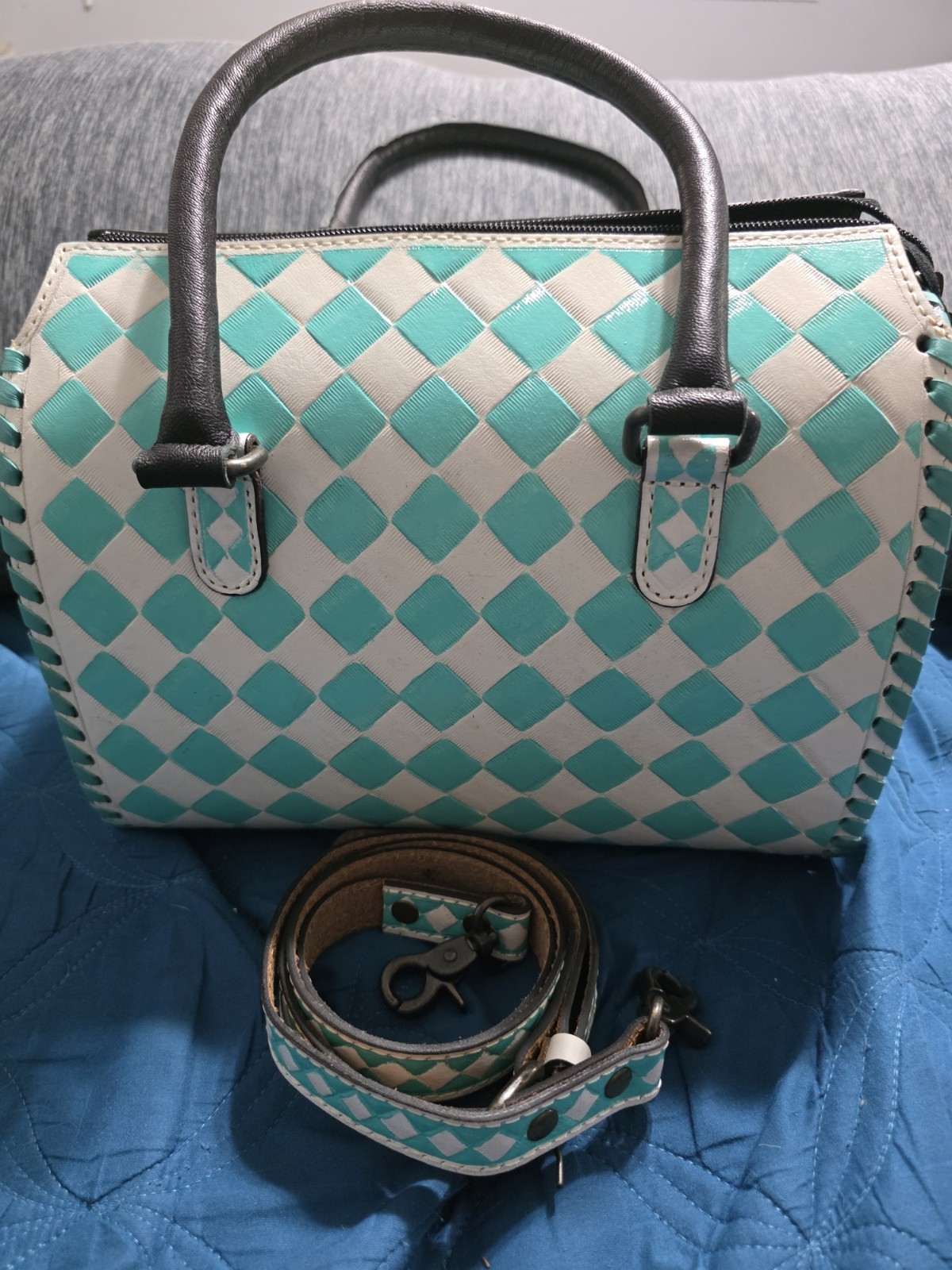 Leather Medium Turquoise and White Checkered Shoulder Bag