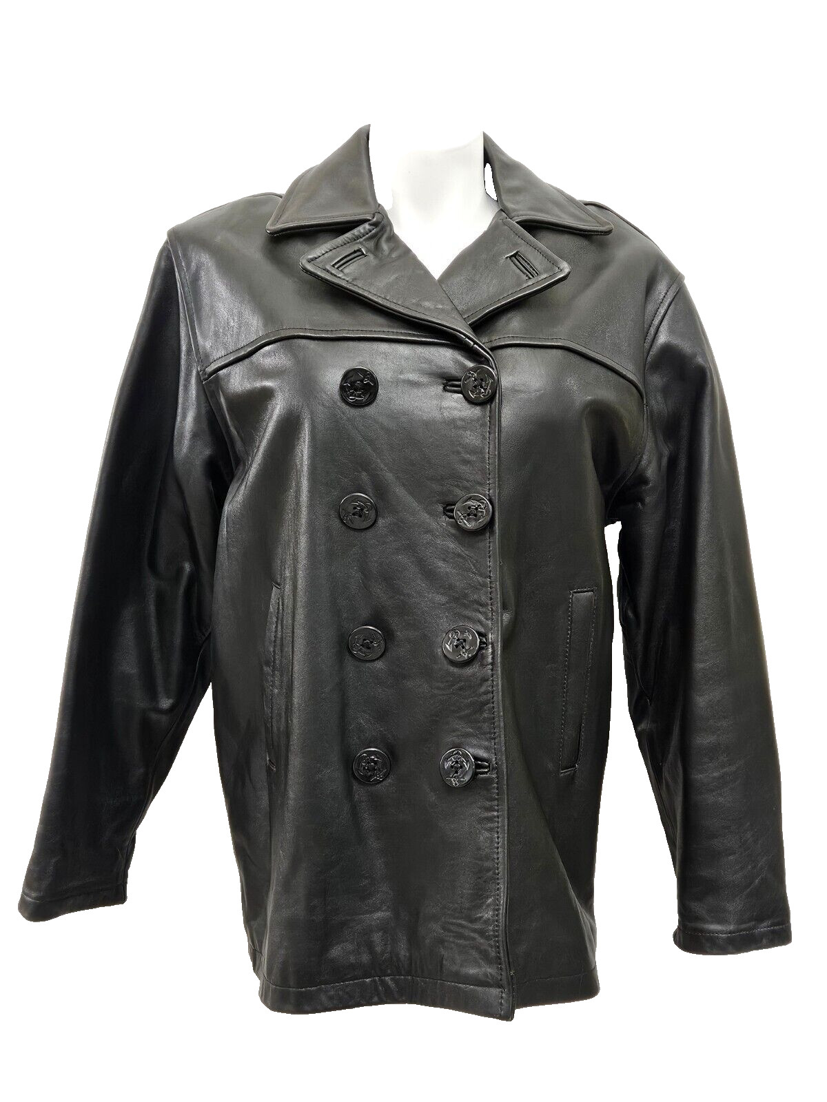 Black Leather Black Pea Coat Large. Vintage from The Village,New York.