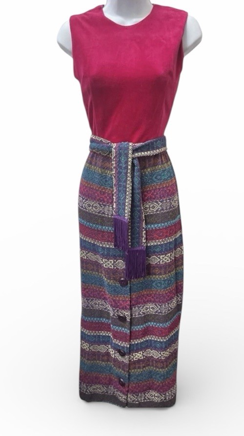 Vtg 60s Southwestern Boho Tapestry Maxi Dress XS Fringe Belt Sleeveless Velvet