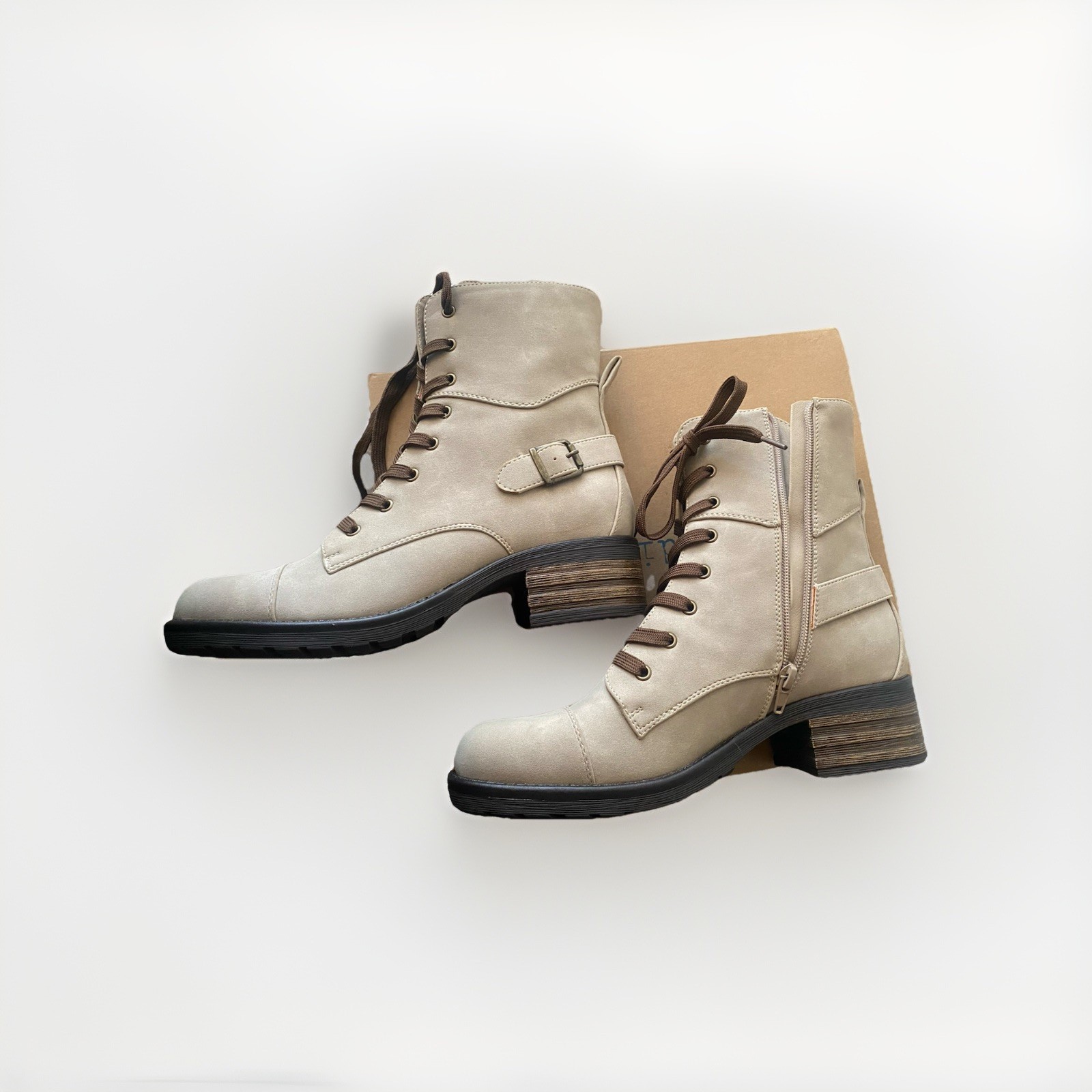 Indigo Rd. Women’s Beige/gray Ankle Combat Boots Lace-Up Zip Buckle Round Toe