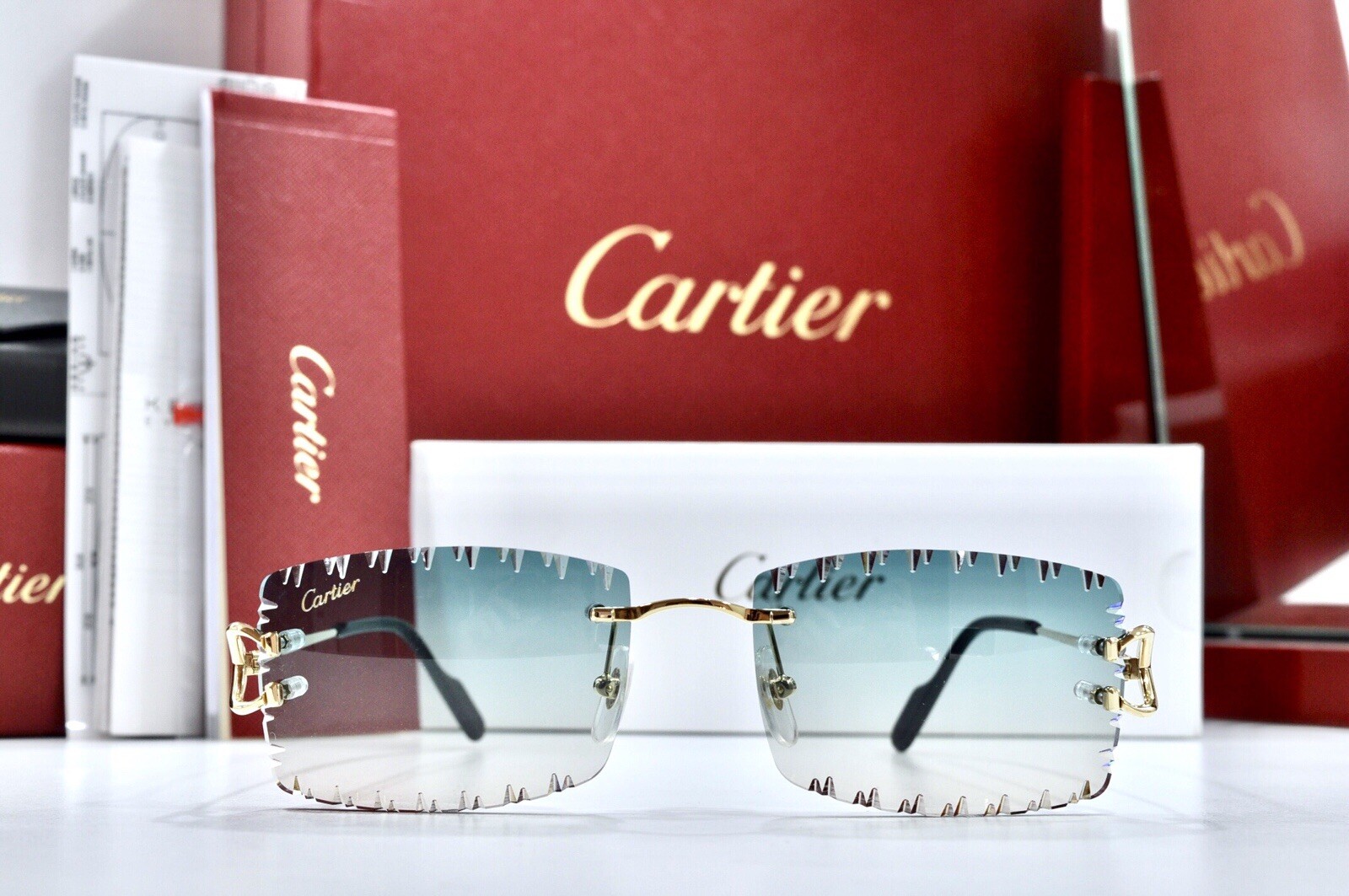 Cartier Rimless Piccadilly BIG C Decor Gold Occhiali Frame Glasses diamond lens