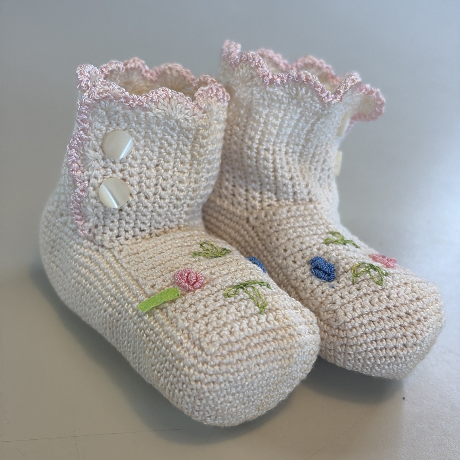 Vintage Hand Crocheted Ivory Pink Blue Flower Infant Booties