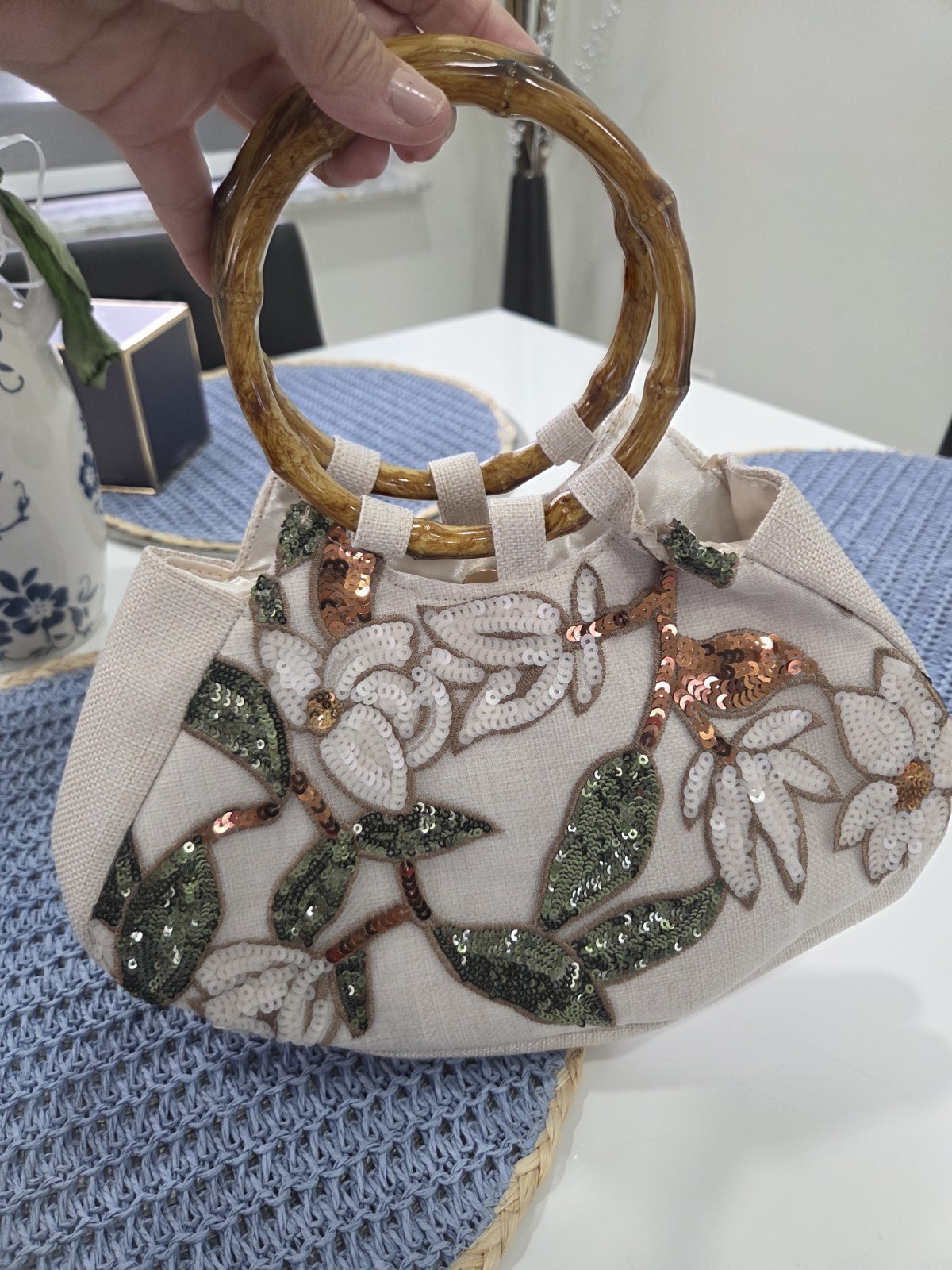 Women’s Beige Floral Beaded Sequin Satchel Bamboo Top Handle Magnetic Lined