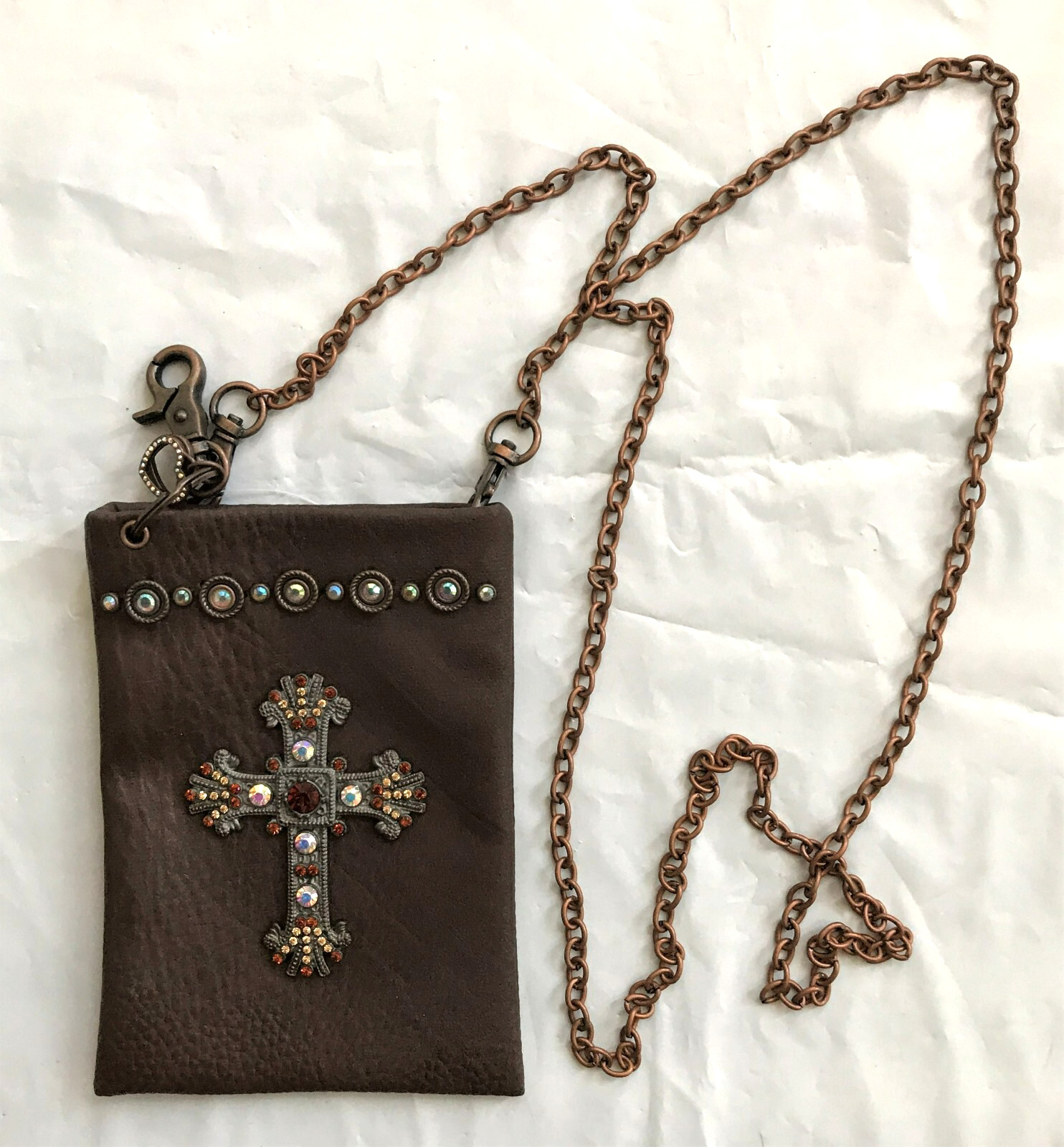 CROSS RHINESTONES BAG Brown Cross Metal Chain 4.5 in x 6.25 in NWOT