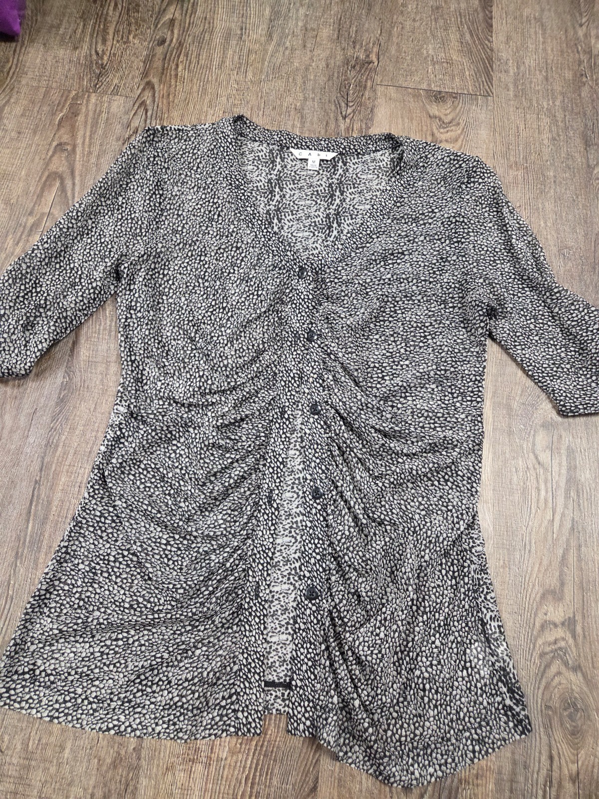 Cabi Top 241 Black Gray Pebble Print Ruched Mesh Button Front Shirt Top Blouse M