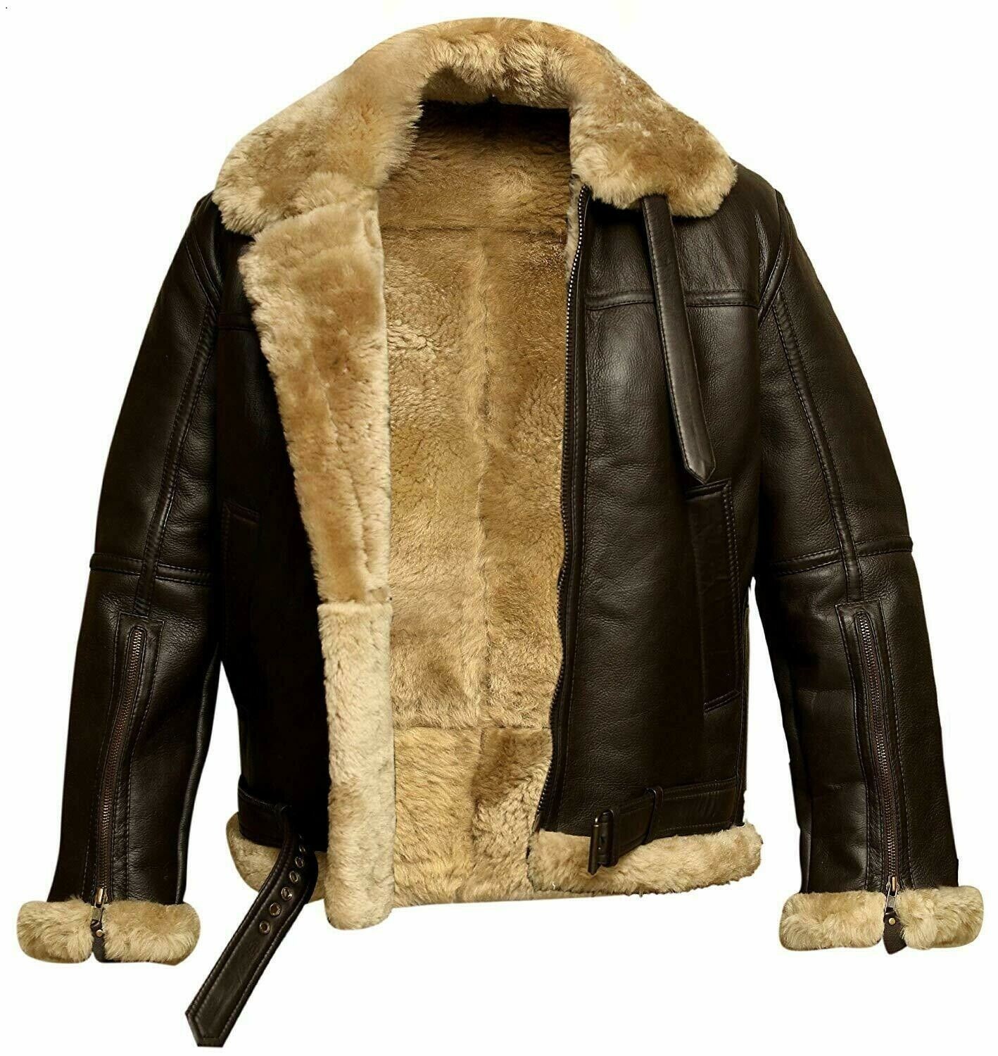 RAF Aviator B3 Bomber Jacket Men Real Sheepskin Leather Flying Pilot Jacket Coat