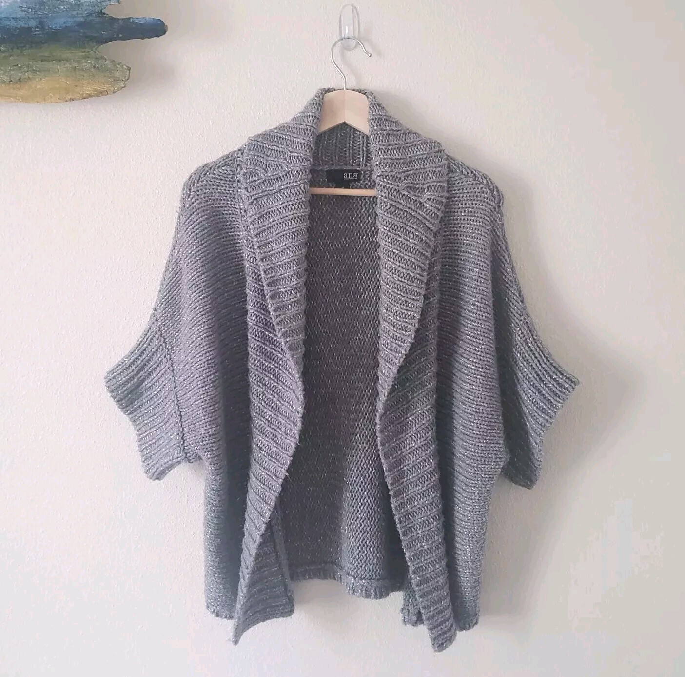 A.N.A Silver Gray Open Front Cardigan Sweater Medium Chunky Knit Metallic Accent