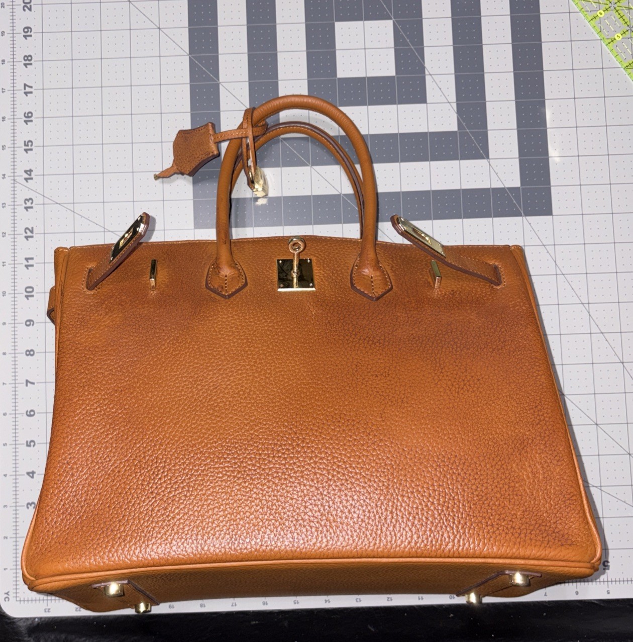 100% Genuine Bonded Leather Structured Satchel Tote Brown Gold Lock Large Bag