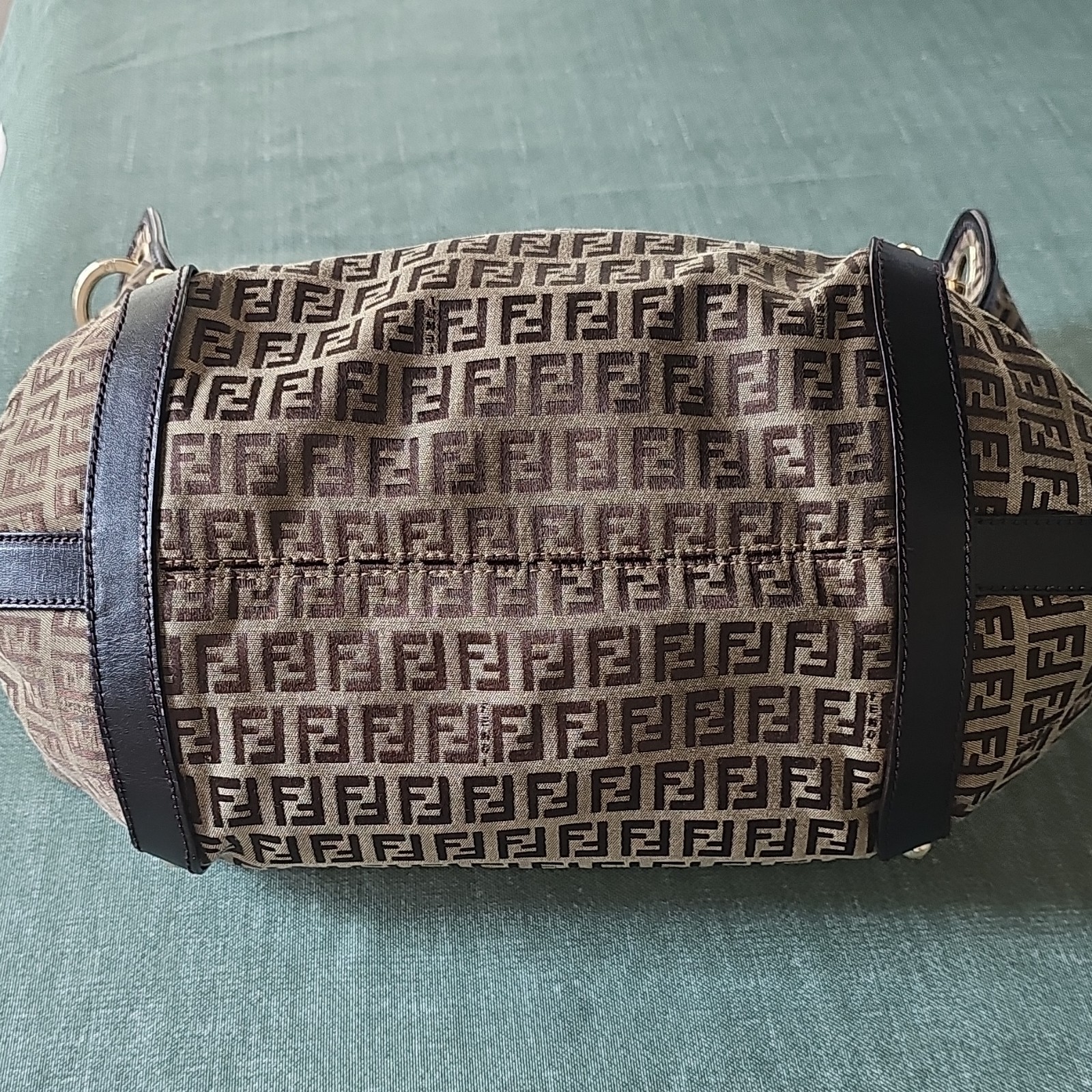 Fendi Zucca FF Logo Shoulder Bag, Zip Closure, Braided Strap, Gold Hardware