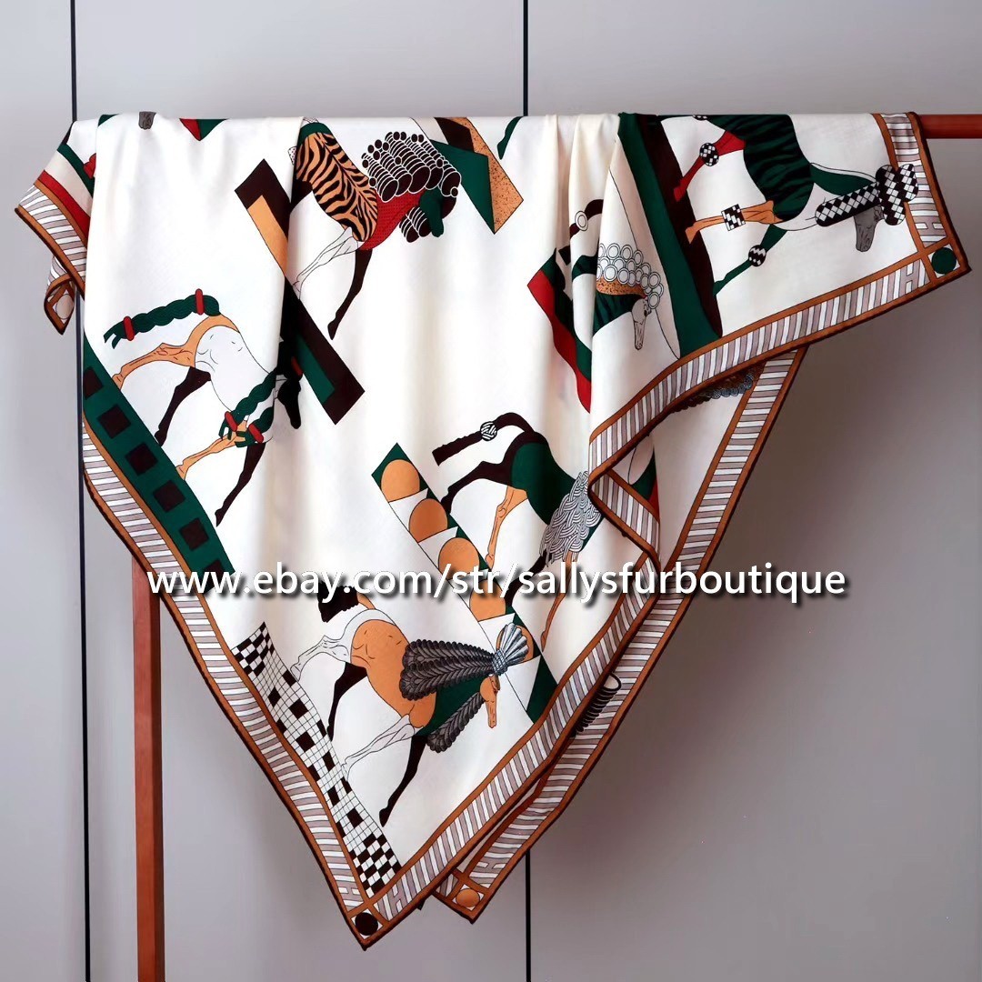 2025 Sallys 70% Cashmere 30% Silk Wrap Scarf Horses Print Double Face Shawl 53″