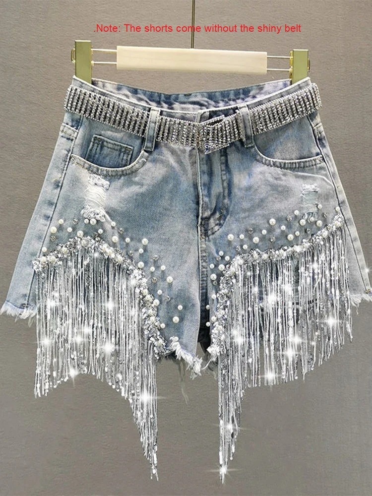 2025 Party Dance Shorts Tassel Beading Casual Jeans Women Celebrate Shiny Beads