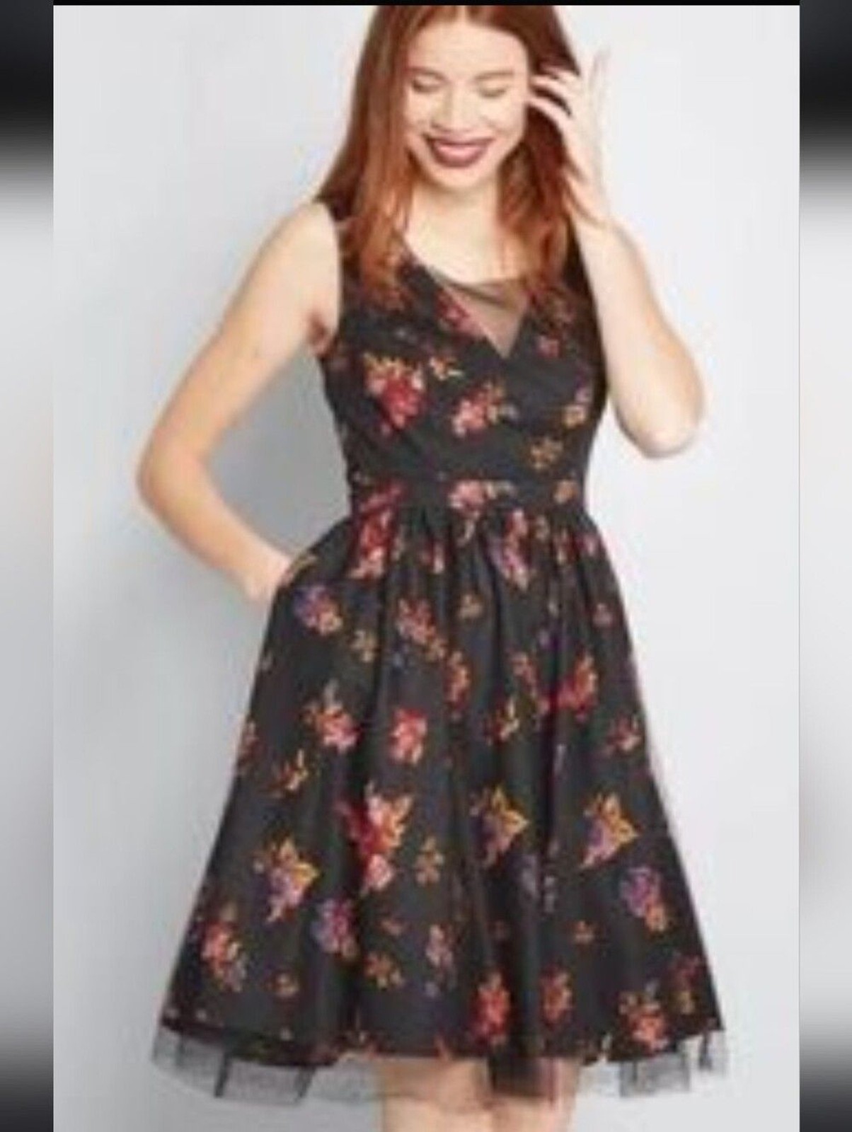 ModCloth Floral A Line Dress Womens med Sleeveless Tulle Hem Fit Flare Black
