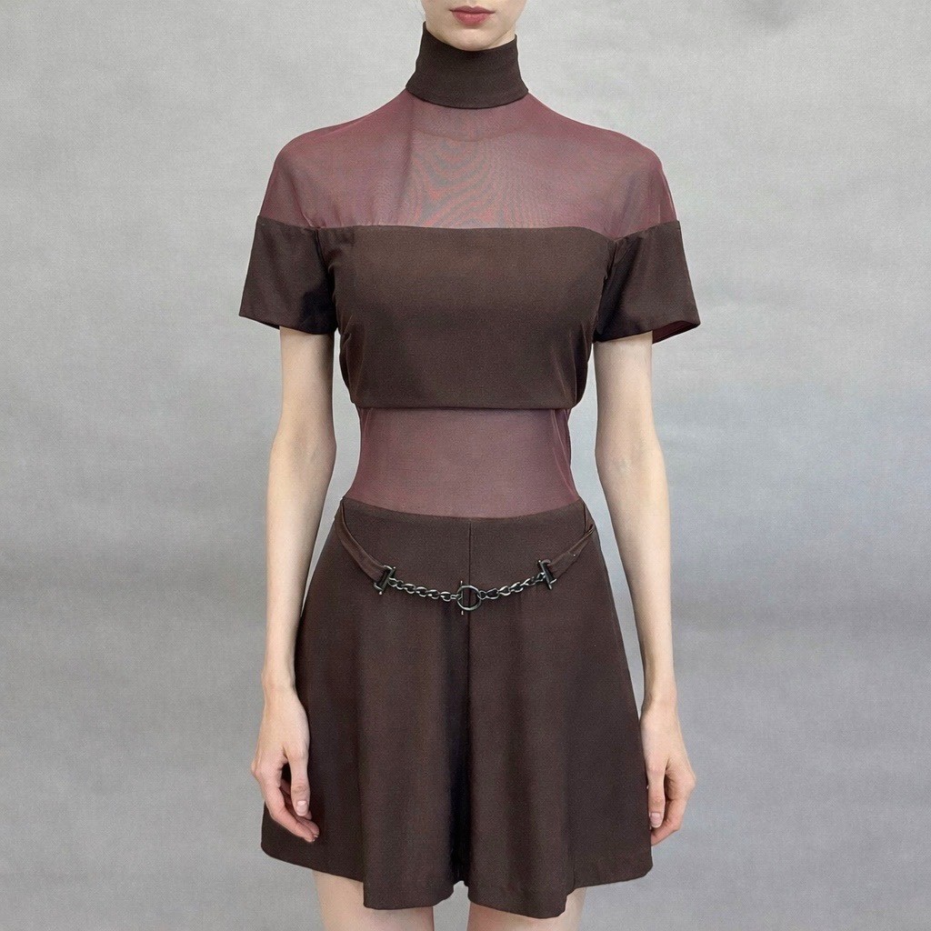 Vintage Cache Brown Sheer Mesh Romper Chain Belt 90s High Neck Short Sleeve