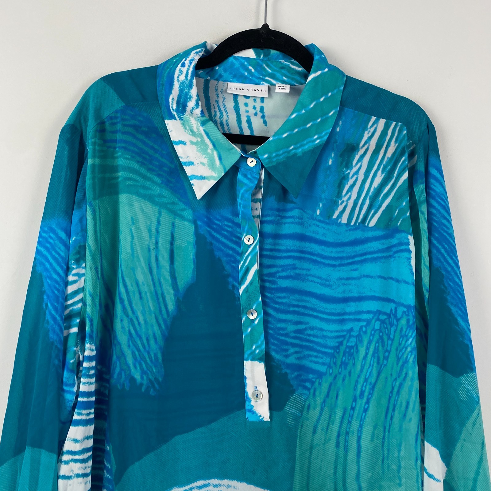 Susan Graver Printed Sheer Chiffon Shirt with Hi-Low Hem Aqua Plus 26W A290775