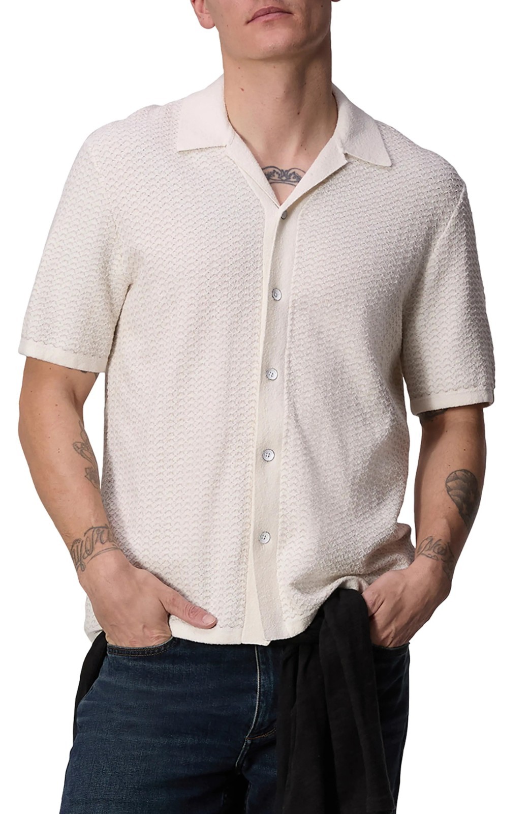 rag & bone Avery Men’s Jacquard Knit Zuma Toweling Camp Shirt Ivory Size XXL