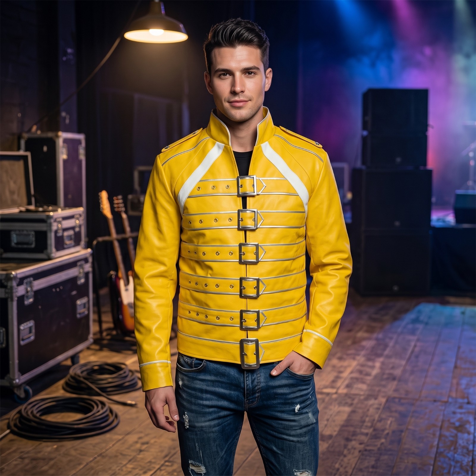 Mens Yellow Faux Leather Motorcycle Concert Freddie Style Belt Costume Jacket