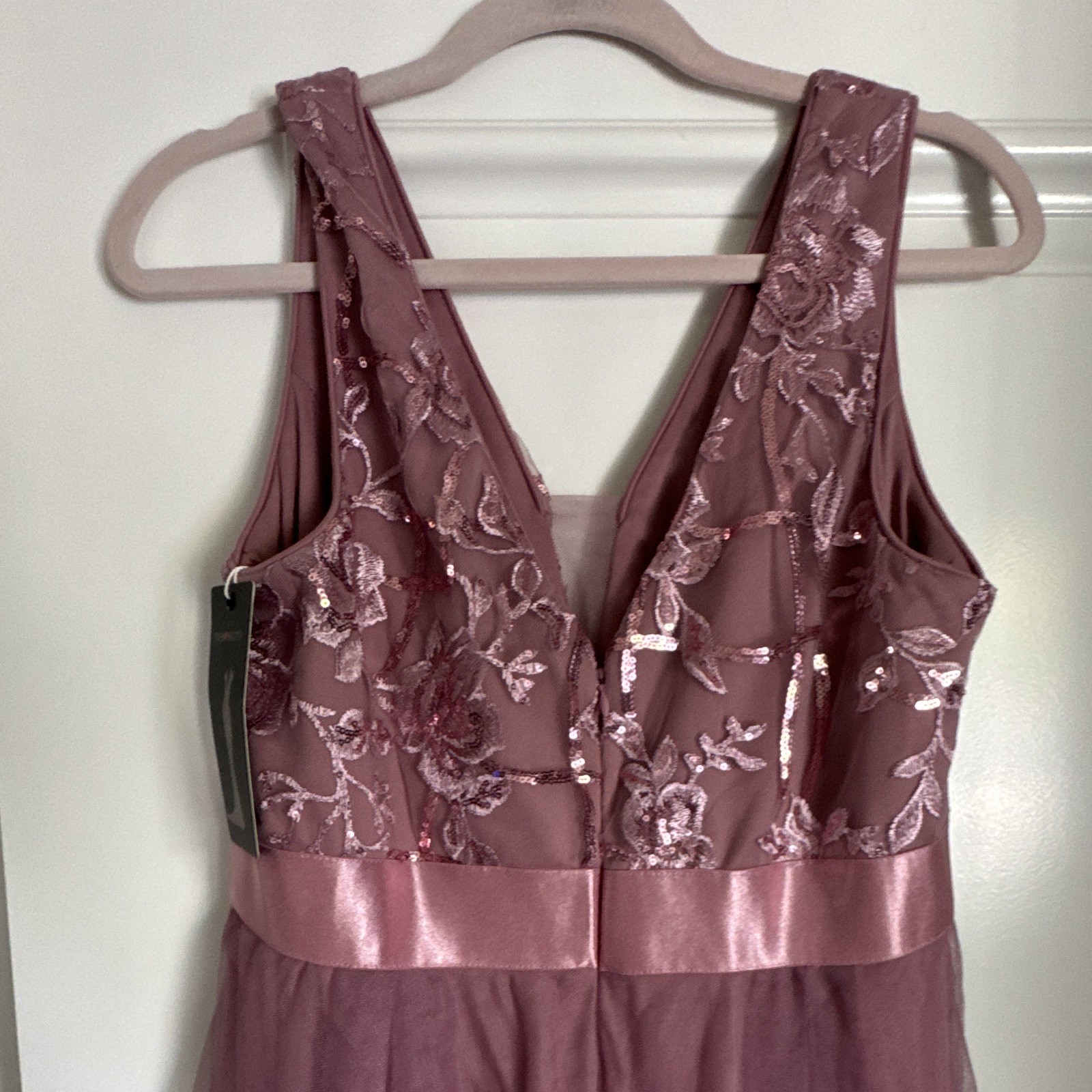 Ever-Pretty Pink Floral Sequin Embroidered Tulle Maxi Dress V-Neck size 14