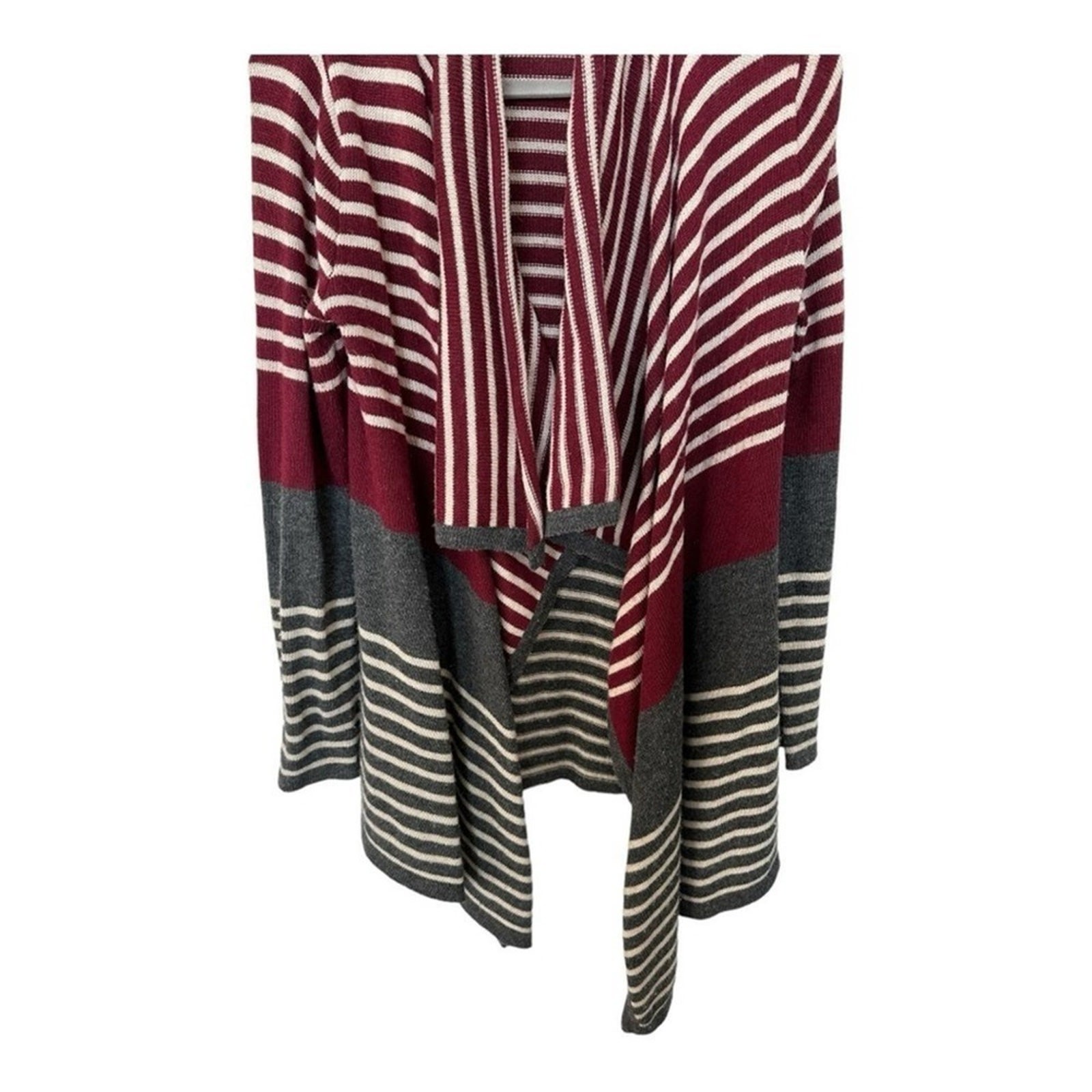 Mystree Red and Gray Cozy Striped Waterfall Open Cardigan – Women’s XSmall