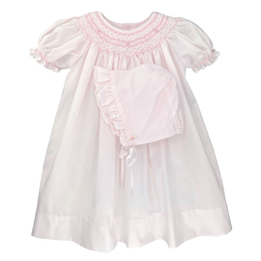 NWT Petit Ami Pink Bishop Smocked NEWBORN Baby Girls Dress Bonnet Daygown