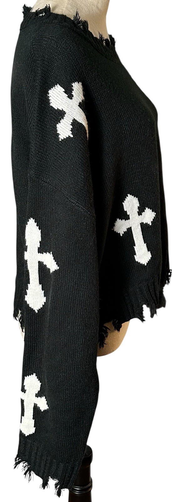 Distressed Fringe Womens Black Cross Knit Sweater Sz M Grunge WhimsiGoth Oversiz