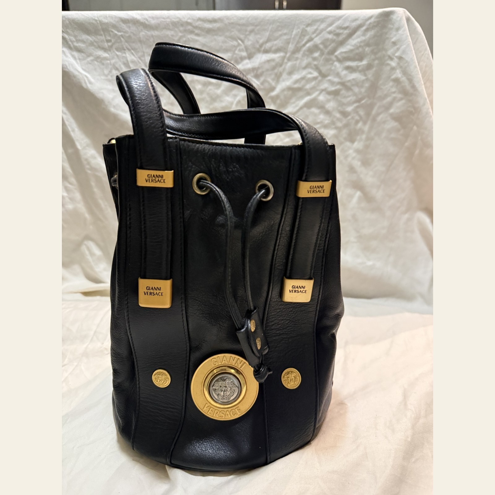 Gianni Versace Medusa Leather Drawstring Bucket Bag Black Vintage 1990s Auth