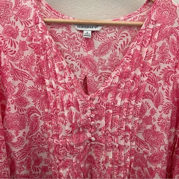 Counterparts Blouse Womens XL Pink Paisley Floral Pintuck V-Neck 3/4 Sleeve