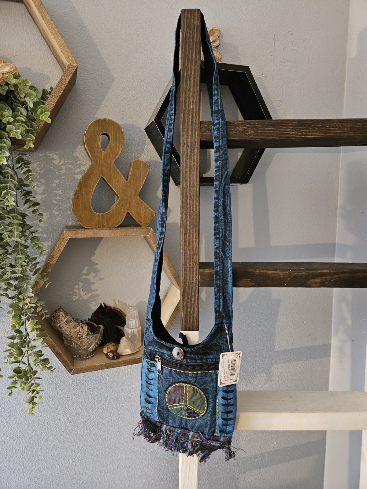 NWT The Collection Royal Boho Peace Sign Crossbody Bag Fringed Nepal Cotton Blue