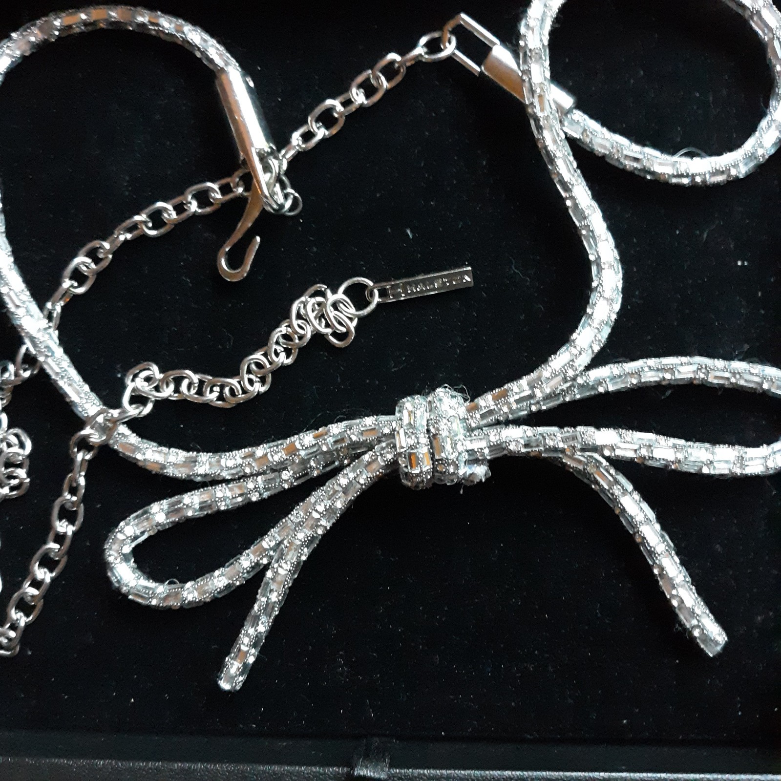 Vtg H By Halston Crystal Belt Sz L W/Bow Adj Clip Chain Clear Stones Slvr Fabric