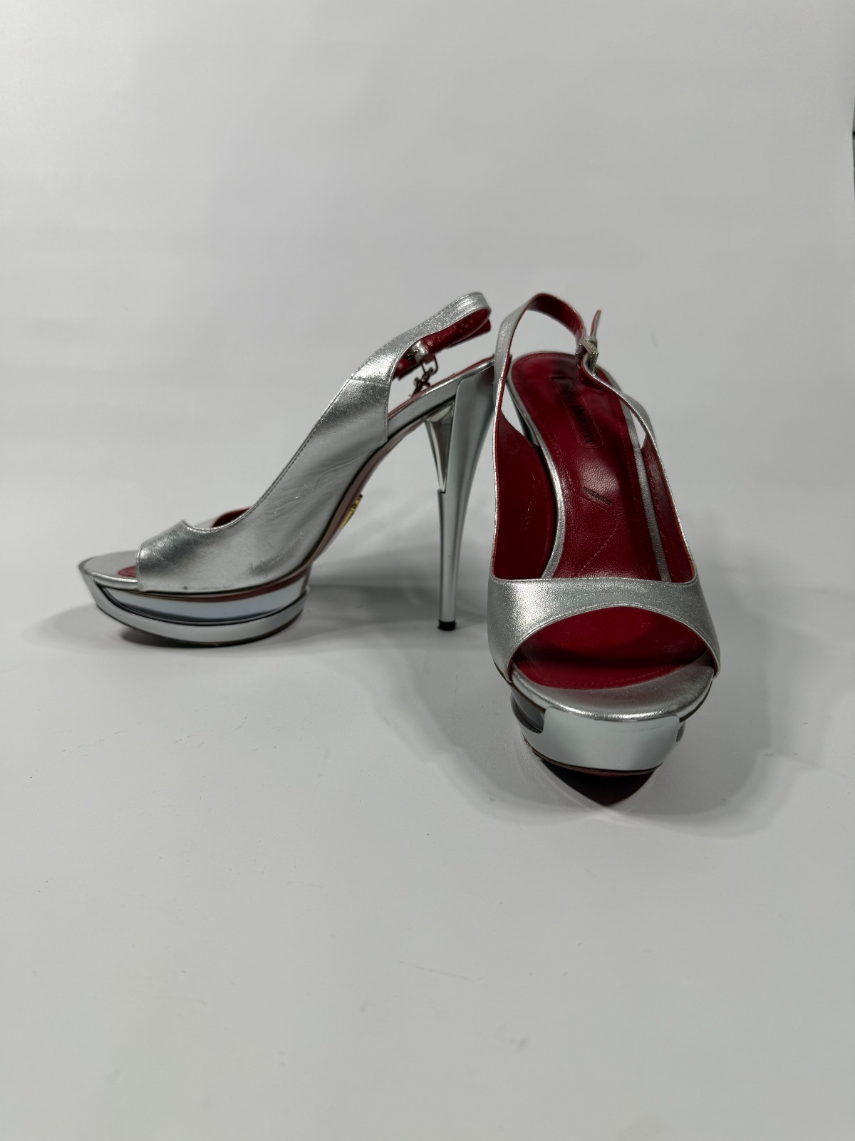 Cesare Paciotti Silver Leather Platform Slingback Heels Shoe 37.5 Dagger Buckle