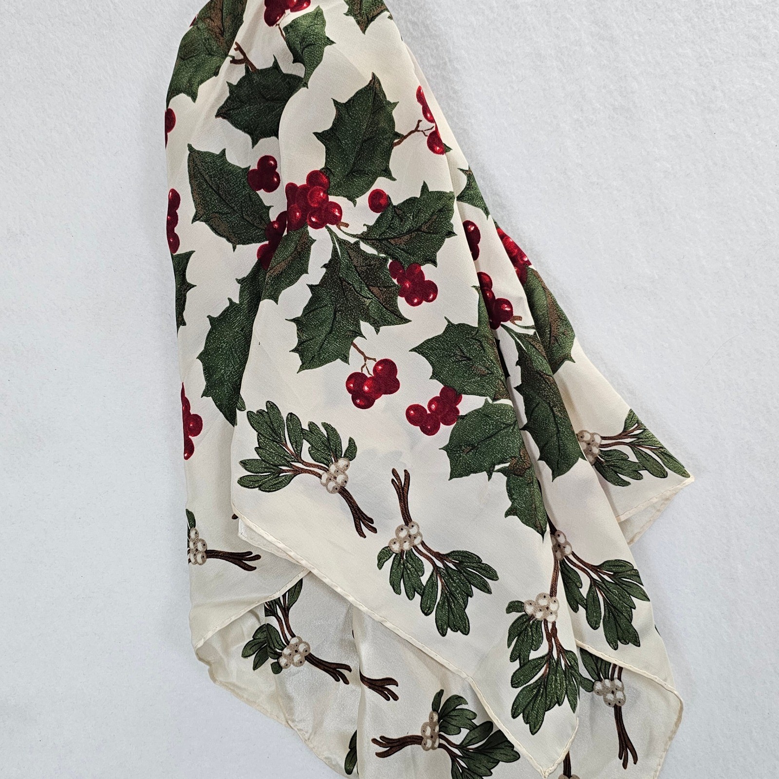 Echo Silk Square Scarf Ivory Christmas Holly Berry Mistletoe Holiday Print 21in