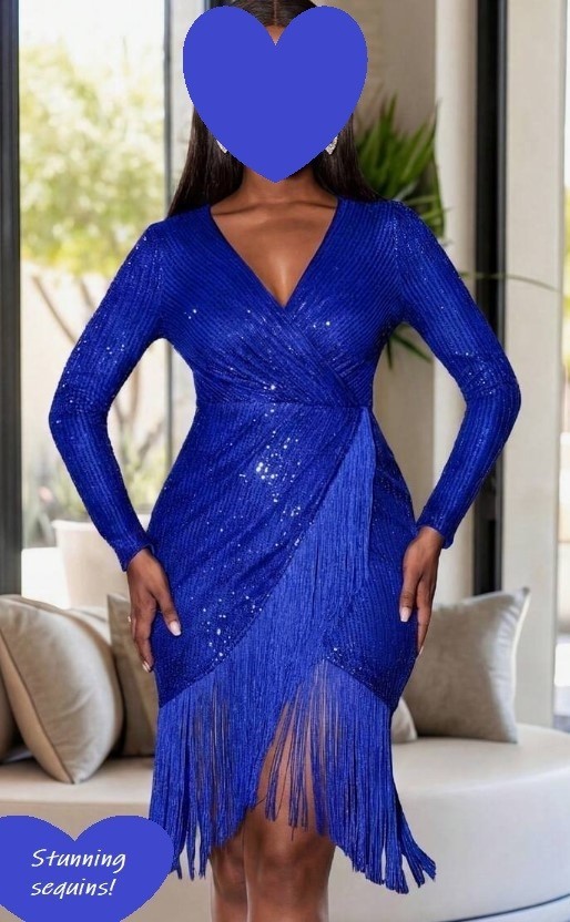 XX QUEENS ROYAL BLUE SEQUINS FRINGED FAUX WRAP DEEP V-NECK GALA PARTY DRAG DRESS
