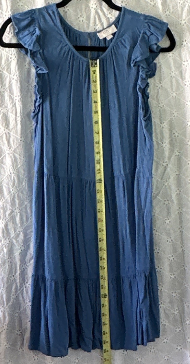 LOFT Petite S/P Blue Solid T-Shirt Dress Cotton Flutter Sleeve Ruffle Knee