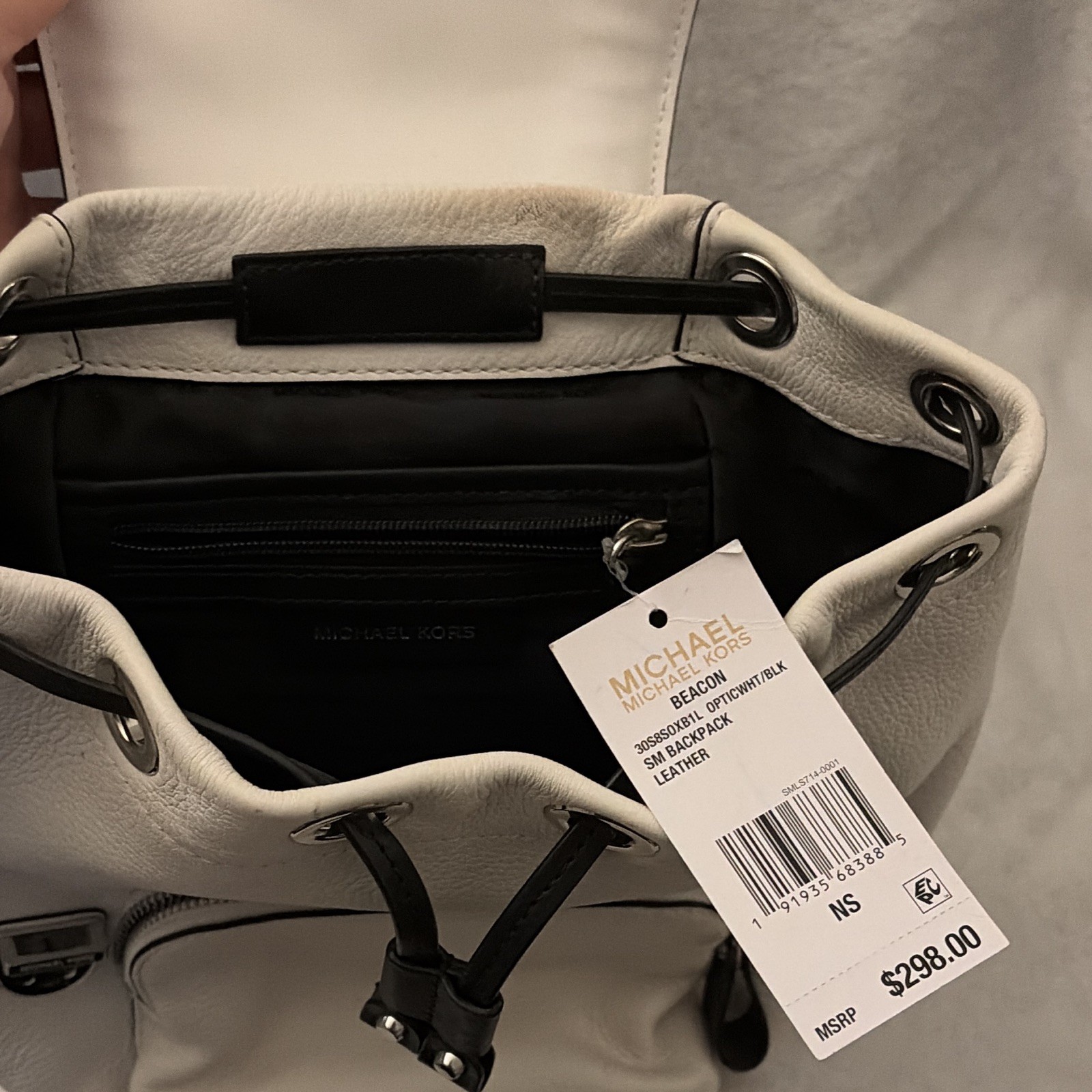 Michael Kors White/Black Medium Backpack Drawstring Pebbled Silver Hardware