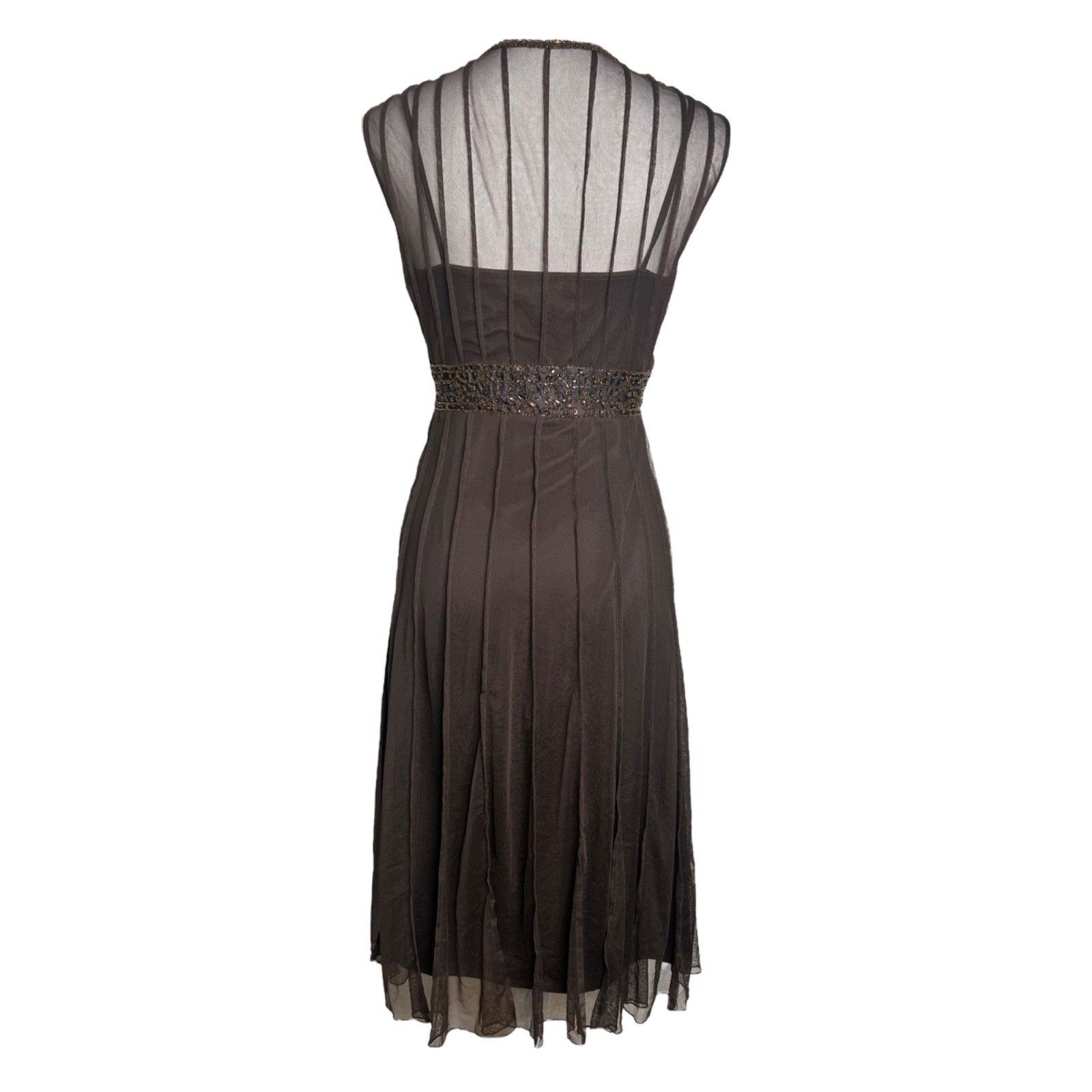 ECI Whimsigoth Dress 8 Brown Beaded Sequin Sleeveless Mesh Retro 20s Midi