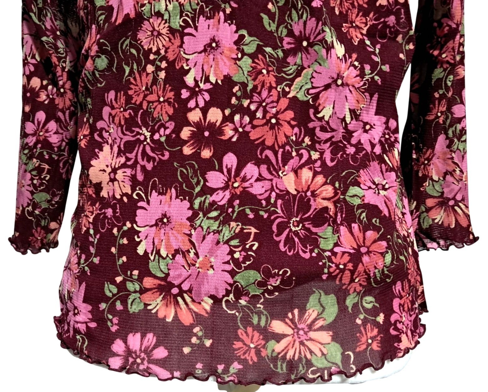 Y2K Axcess Floral Top Womens XL Fairy Grunge Burgundy Blouse 3/4 Sleeve V-Neck L