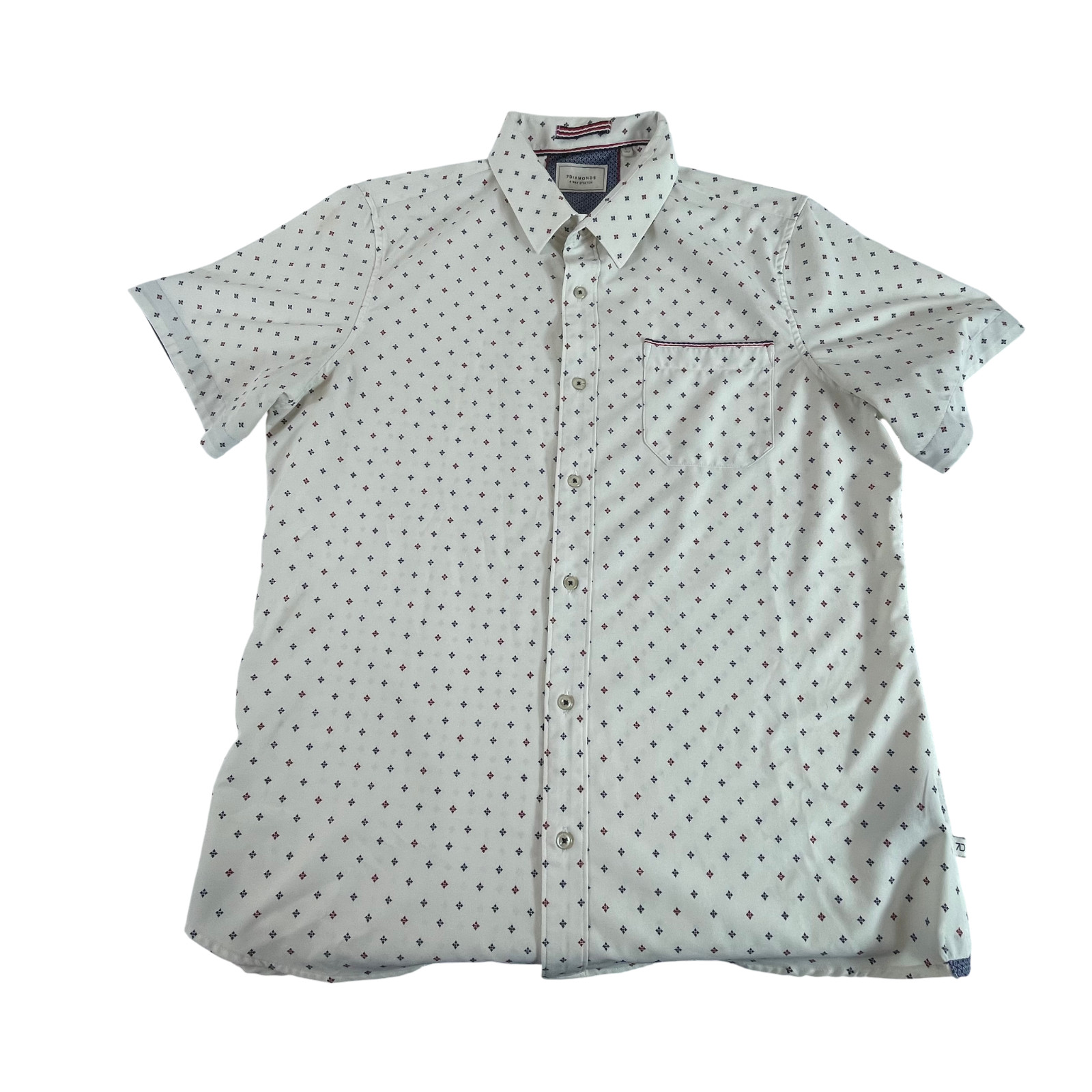 7 Diamonds 4 Way Stretch Button Front Shirt Mens Large White Dot Pocket