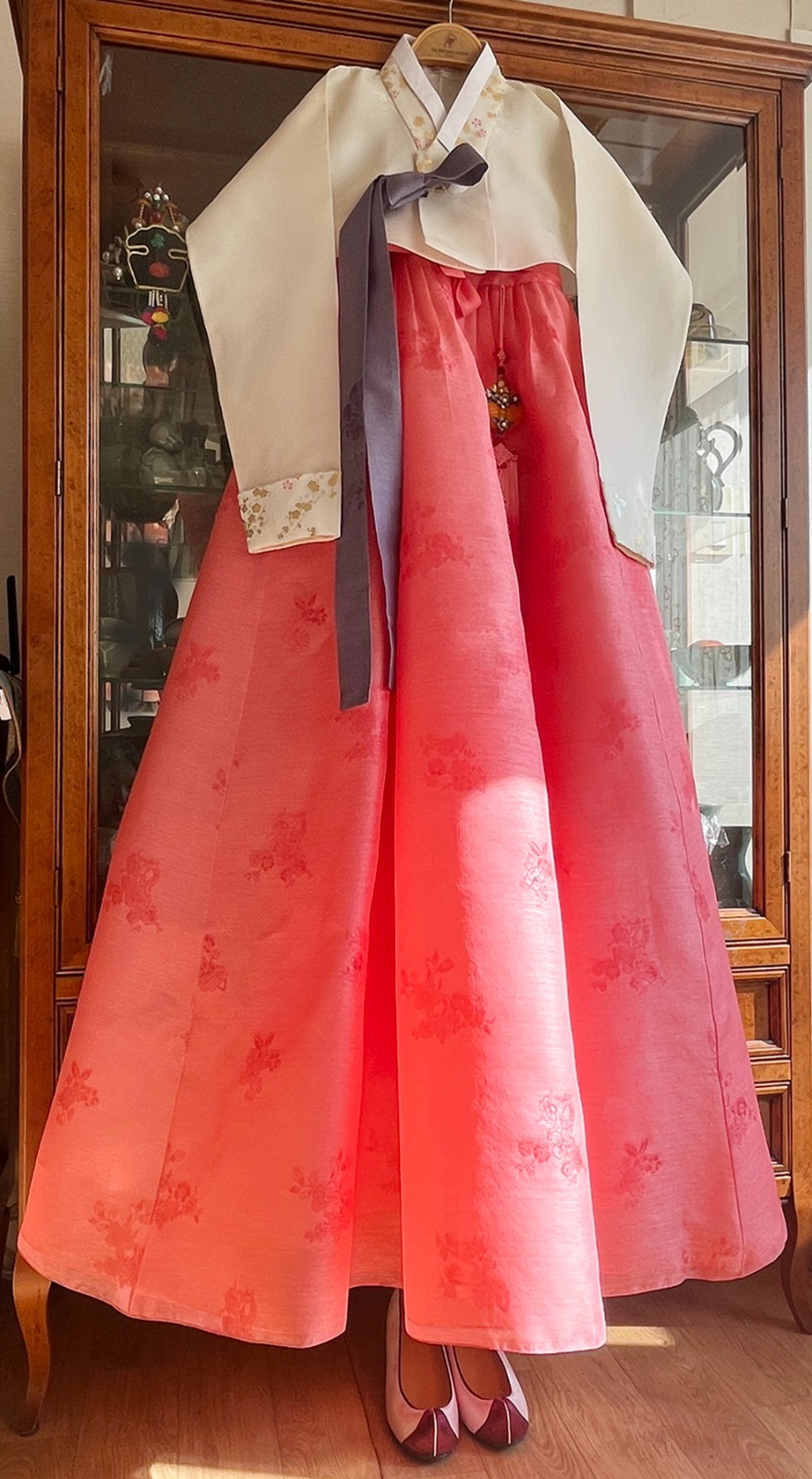 Korean Traditional Dress Hanbok Set-Ivory Jacket & Orange Skirt Bag & Petticoat