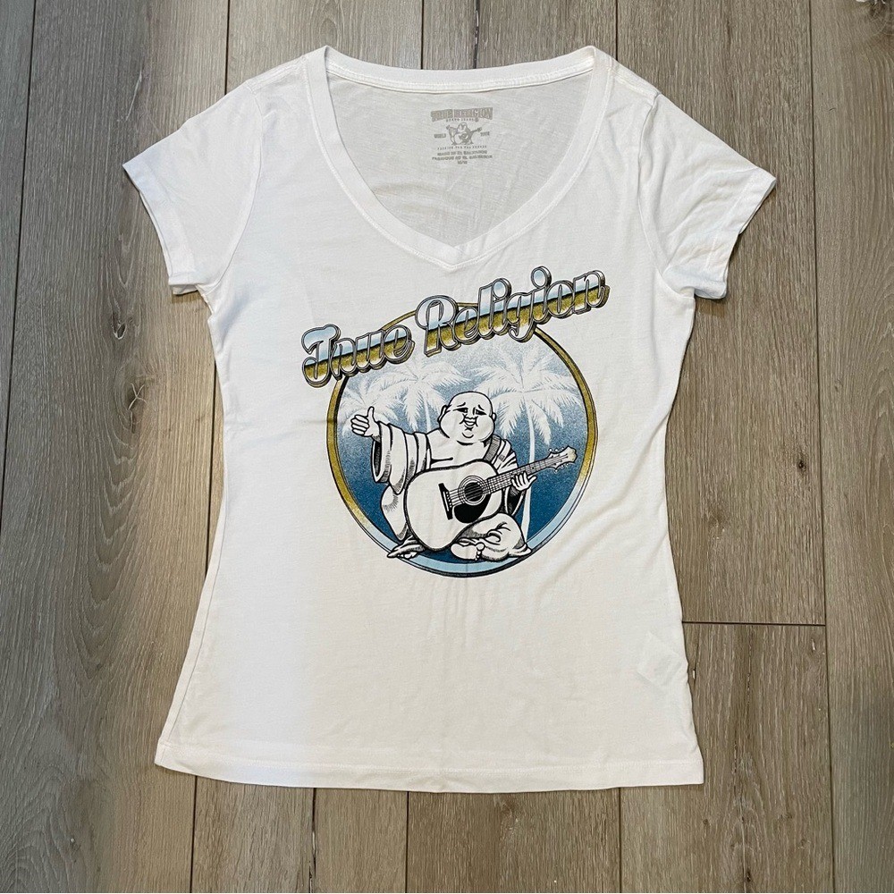 True Religion Women’s White Buddha Guitar V-Neck Graphic Tee Shirt Y2K Medium