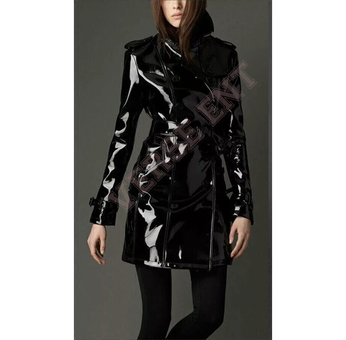 Women PVC Leather Trench Vinyl Shiny Light Weighted Raincoat Stylish Trench Coat