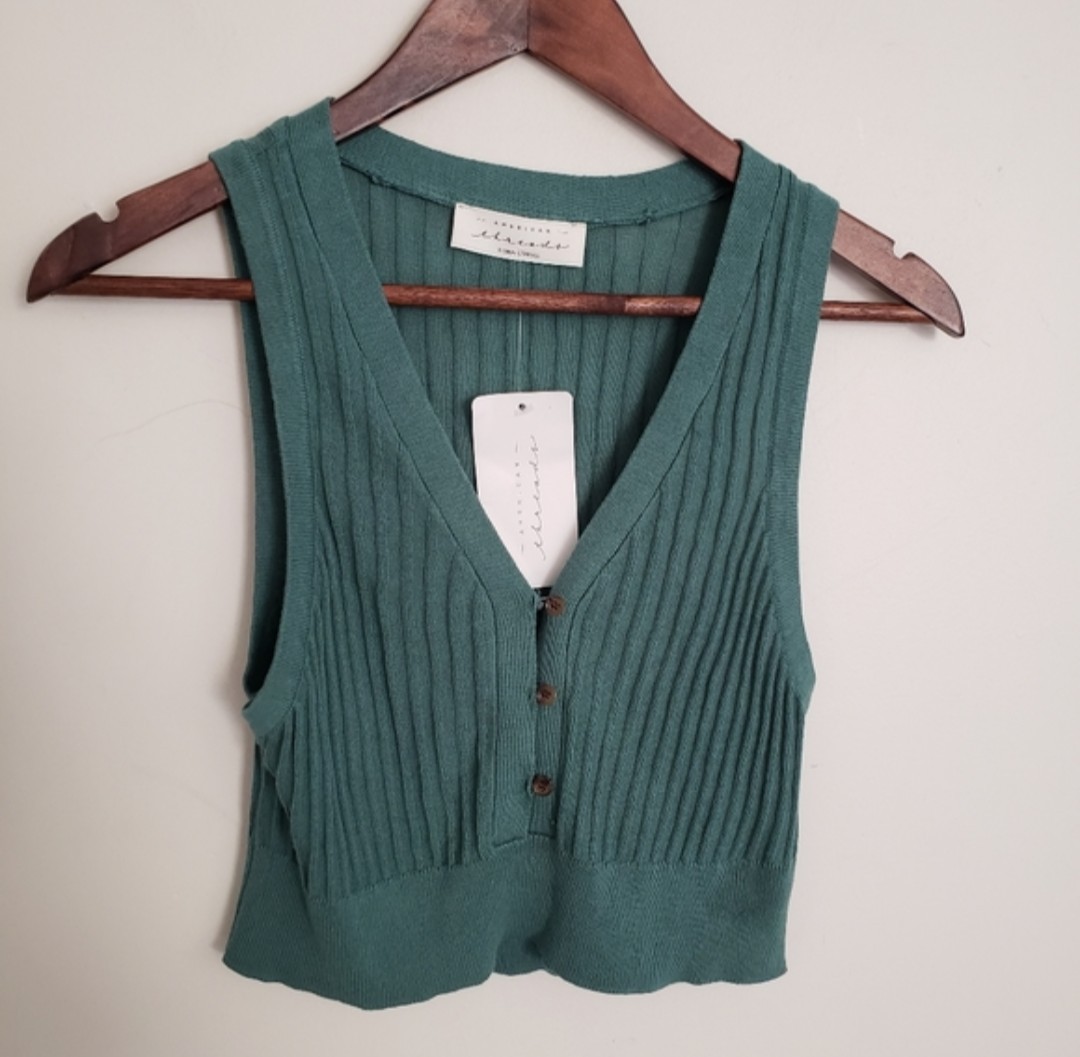 American Threads Teal Ribbed, Knitted Button-Front Crop Top Size XS/S