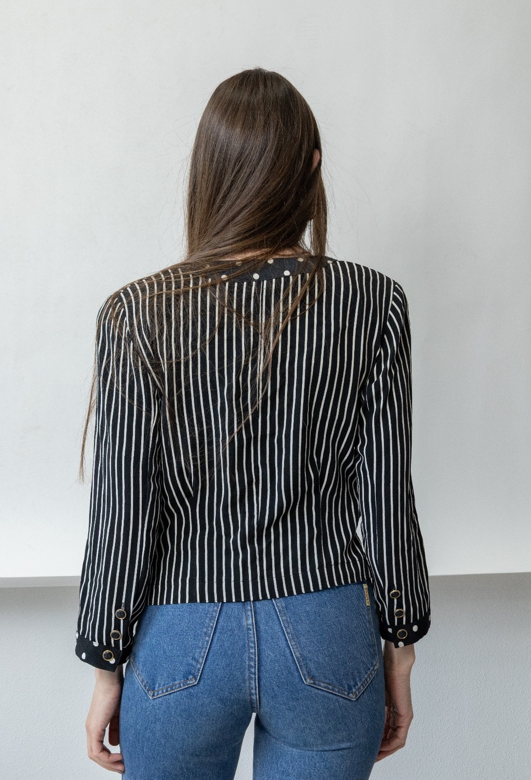 Vintage 80s Black White Mixed Print Blouse Stripe Polka Dot Office Siren Womens