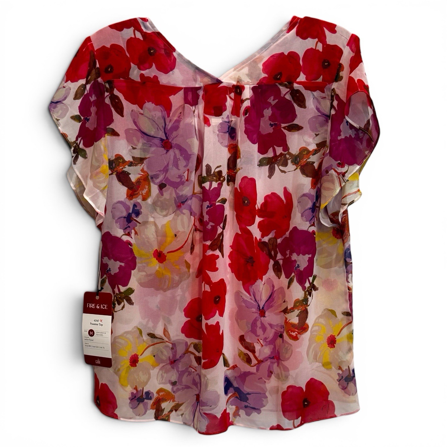 NWT CAbi #4347 Floral Passion Top V-neckline Fluttery Cap Sleeve Top Size M