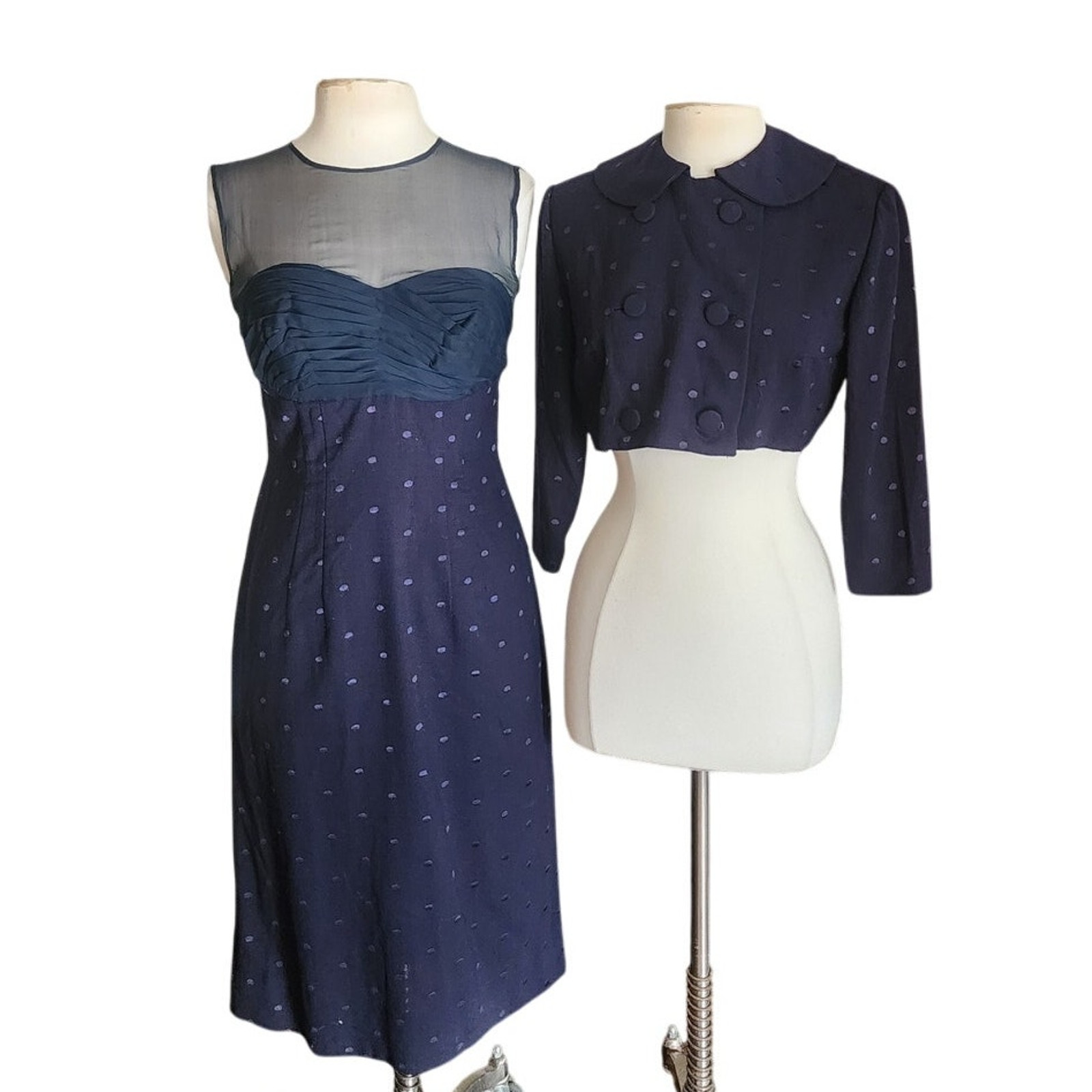 Vintage 50s Dress Jacket Suit Set Navy Blue Wool Silk Bombshell Wiggle VLV