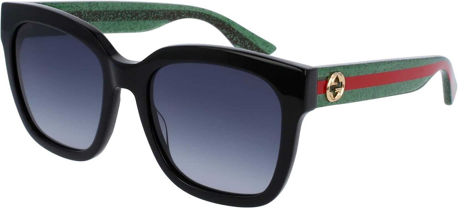 Gucci GG 0034 S 002 Black Green with Red Stripe/Gradient Grey Square Sunglasses